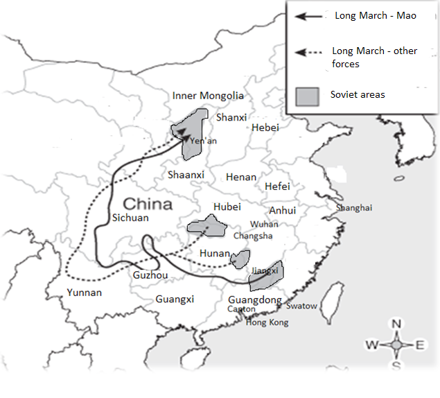 Map of China – showing major Soviet areas remaining after the 4th<br/>“bandit extermination campaign”, at start of Long March (1934-35)
